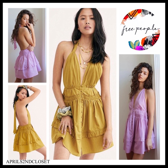 FREE PEOPLE BOHO V-NECK HALTER MINI DRESS A2C - Picture 6 of 13
